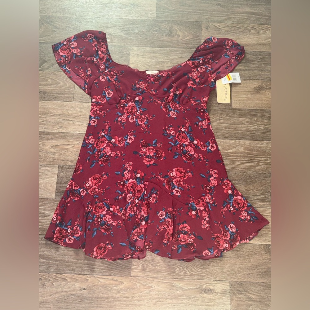 Rewind Flutter Sleeve Burgundy Floral Dress XXL